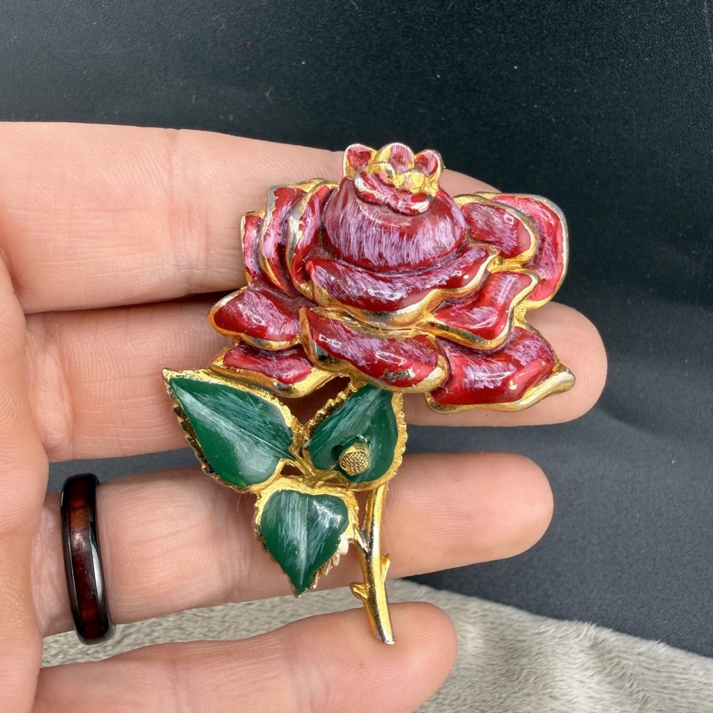 Vintage Estate Rose Flower Brooch Red Green Enamel Gold Tone Floral Pin